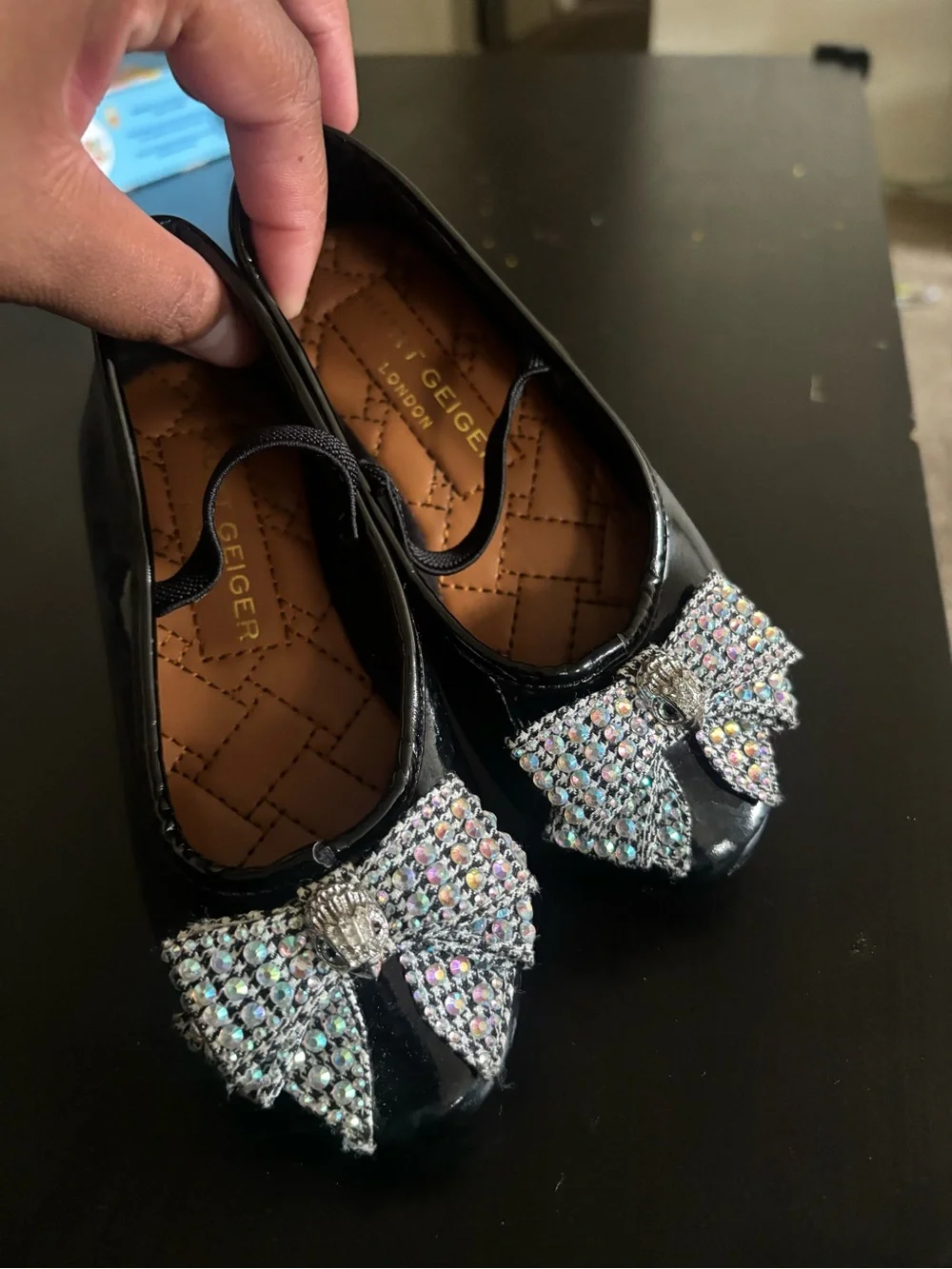Kurt Geiger Girls' Black Patent Mary Jane Flats with Crystal Bow